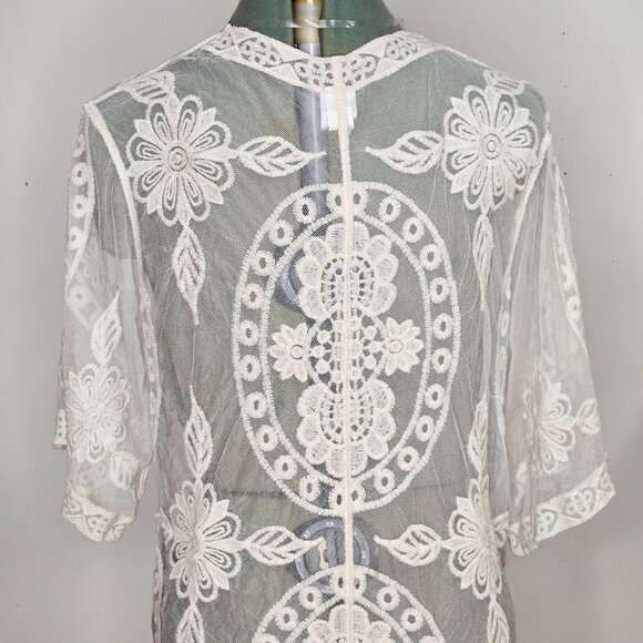 White Sheer Floral Lace Kimono Cardigan Cover Up Open Front 3/4 Sleeve S-M - Picture 10 of 10